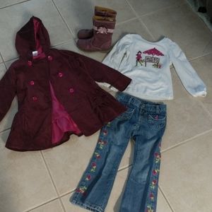 Girls 5t purple coat, shirt, jeans, boot  fall set